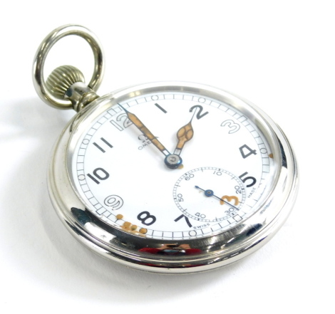 An Omega military issue silver plated open faced pocket watch, with 5cm diameter Arabic dial, with crow's foot, marked GSTP F028615.