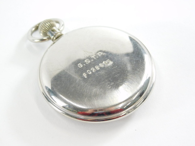 An Omega military issue silver plated open faced pocket watch, with 5cm diameter Arabic dial, with crow's foot, marked GSTP F028615. - 2