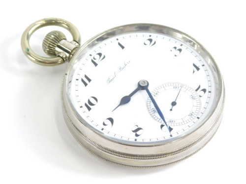 A Paul Buhre silver plated pocket watch, with 6cm diameter Arabic dial, in plain case with outer box, and key.