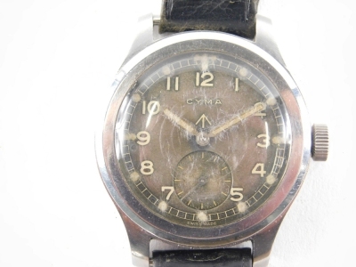 A CYMA gentleman's wristwatch, the 3cm diameter Arabic dial with subsidiary second hand and crow's foot mark, marked verso W.W.W P 7156 12156, with pierced black leather strap. - 2