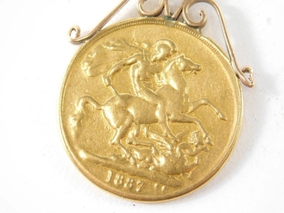 A Victorian gold double sovereign, 1887, attached to a 9ct gold graduated double Albert chain, with T-bar, soldered mount, the chain, 43cm long, 66g all in. - 2