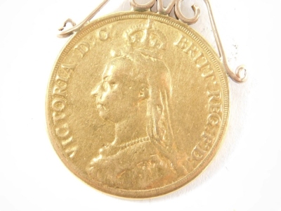 A Victorian gold double sovereign, 1887, attached to a 9ct gold graduated double Albert chain, with T-bar, soldered mount, the chain, 43cm long, 66g all in. - 3