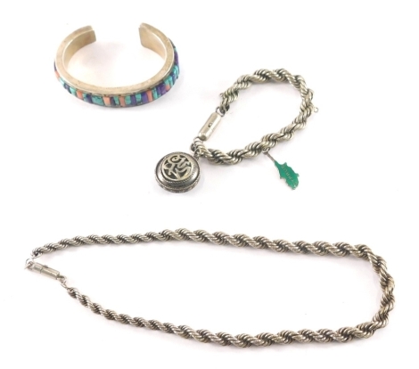 Various jewellery and effects, a heavy C-scroll bangle set with turquoise, peach and purple stones, marked sterling 8cm wide, heavy rope twist necklace and bangle set. (3)