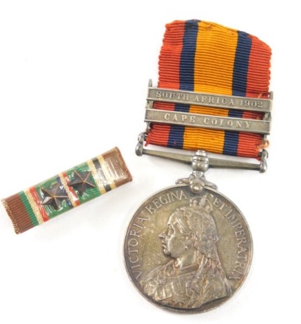 A Queen Victoria South Africa medal, with South Africa 1902 and Cape Colony clasp marked 7632 Pte L Sanger Leicester. REGT.