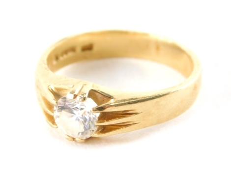 A 15ct gold solitaire ring, set with round brilliant cut cz in ten claw setting, ring size V, 6.2g all in.