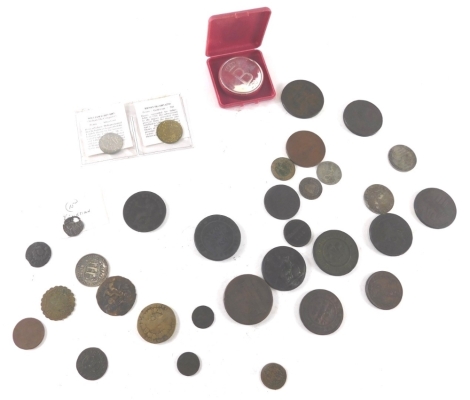 Various coins and tokens, Birmingham Workhouse 1813, Cornish Accommodation of the County token, Devon Miners, Mills at Walthamstow 1812 penny, Molton 1815, Commerce 1811, Britannia six penny silver token, various others. (a quantity)