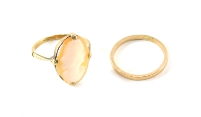 A 9ct gold wedding band, size M, and a 9ct gold cameo ring, clipped, 3.8g all in. (2)