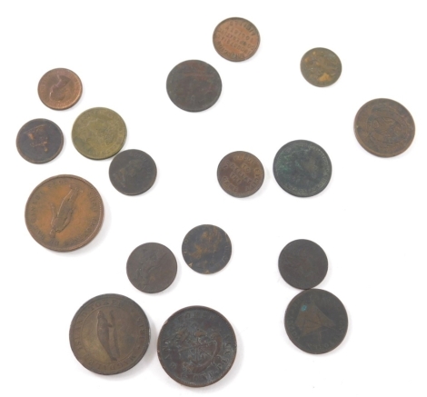 Various coins and tokens, Magdalen Island token 1815, various others, Bank of Upper Canada 1857, Province Canada, another 1837, etc. (a quantity)
