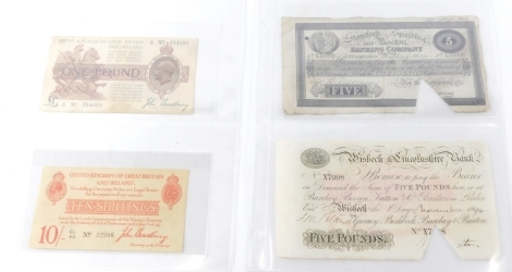 A 19thC Wisbech and Lincolnshire Bank five pound note, 1st November 1894, a Stamford, Spalding and Boston five pound note, 1904 and two Bradbury notes ten shilling and one pound. (4)