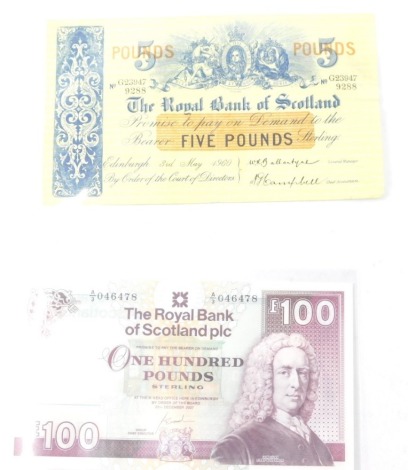 A Royal Bank of Scotland one hundred pound note, Goodwin, A/3046478, marked 20th December 2007 and a Royal Bank Of Scotland five pound note. (2)