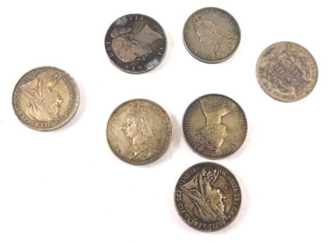 Various Victorian coins, crowns 1845 young head, 1893, 1896, etc., various other Victorian coins. (7)