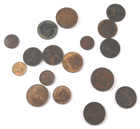 Various Victorian coins, pennies, 1895 with traces of original patina, half penny 1901 similar, various others, some with original patina 1864, two doubles, 1901, various others. (a quantity)