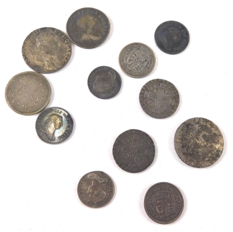 A George III silver bank token, various other low denomination, silver, ten pence other bank tokens, further George III coins. (a quantity)