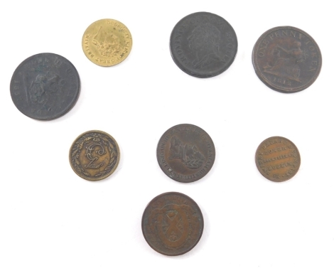 Various coins and tokens, T Badger Rose and Crown Trent Street token, various others, a 32 penny token, Bank of Upper Canada, marked Cuidad Rodrico, etc. (a quantity)