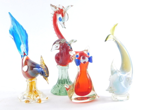 Four Murano figures, a seahorse, in red blue, green and clear glass, unmarked, 31cm high, a fish, a cat in red, blue and white, 17cm high, unmarked, and a cockerel. (4)