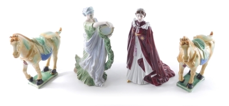 A Royal Worcester figure in celebration of The Queen's 80th Birthday 2006, printed marks beneath, 22cm high, Wedgwood The Classical Collection figure Rhapsody, and two Tang style figures of horses. (4)