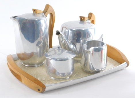 A Picquot ware five piece service, to include coffee pot, 21cm high, teapot, tray, etc., mark beneath. (a quantity)