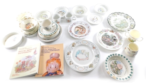 Various children's breakfast dishes, etc., to include Wedgwood Beatrix Potter Mrs Tiggywinkle 17cm diameter, a Humpty Dumpty dish, various others similar, Time Has Come The Walrus and The Carpenter breakfast bowl, two related books, etc. (a quantity)