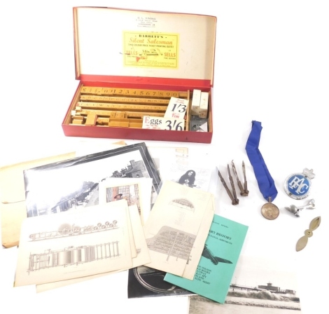 Various metalware, RAC badge, 9cm high, nutcrackers, Barrett's Silent Salesman two colour price ticket printing outfit, complete with wooden printed blocks, railway prints, etc. (a quantity)