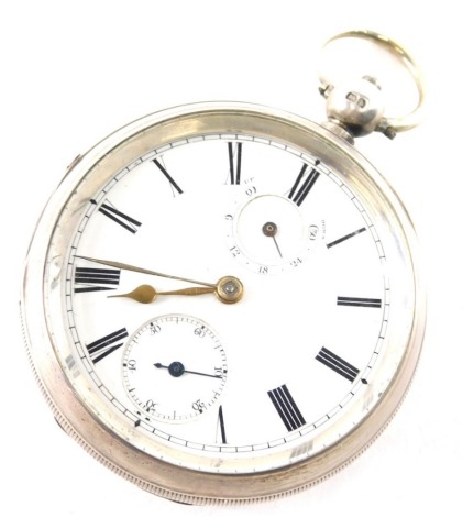 A Edward VII silver cased pocket watch, with enamel Roman Numeric dial with two subsidiary dials, Chester 1908.