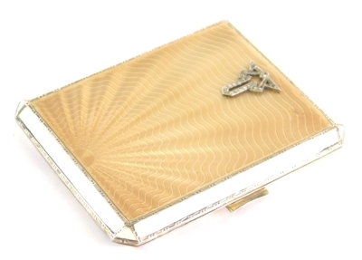 A George VI Art Deco silver and enamel cigarette case, with canted corners, sun burst lid and plain interior, Birmingham 1937, 9cm wide, 3.4oz all in.