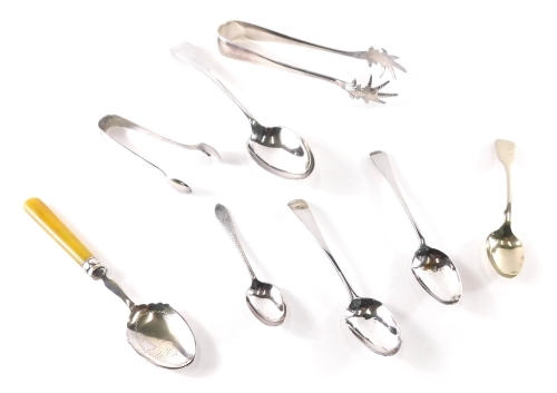 Various silver and silver plated ware, etc., a George III teaspoon, old English pattern, 13cm long, 1798, various other silver plated ware, sugar bows with claw ends, other silver teaspoons, etc. (a quantity)