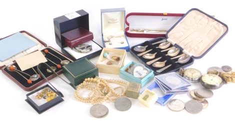 Various jewellery and effects, a 19thC silver open faced pocket watch, with 5cm diameter Roman Numeric dial, 9ct gold heart shaped locket, chrome plated open face pocket watch, various coins, crowns, cased watches, jewellery sets, faux pearls, cased flatw