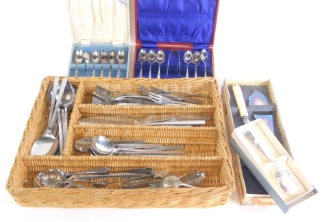 Various silver plated ware, a cased set of plated teaspoons, onslow pattern, fish servers, plated flatware various designs, etc. (a quantity)