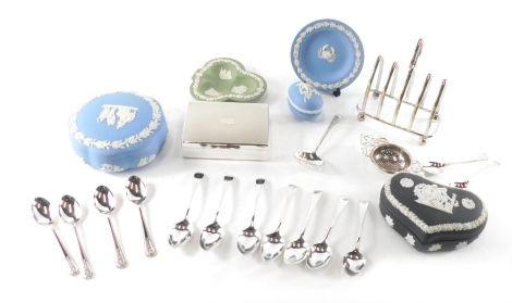 Various Wedgwood blue Jasperware, shaped powder box and cover, 13cm wide, heart shaped black basalt jar, etc., various silver plated ware, toast rack, cigarette case, etc. (a quantity)