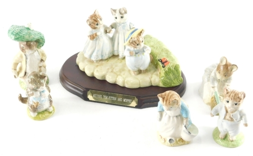 Various Beswick and Royal Albert Beatrix Potter figures, to include Mittens, Tom Kitten and Moppet figure group on wooden stand, 13cm high, Hunca Munca Sweeping, etc. (a quantity)