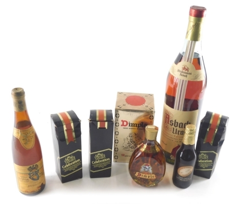 Various alcohol, an enlarged bottle of Asbach Uralt, boxed bottle of Dimple Scotch whisky, 12 year old, 500ml, various other alcohol, etc. (a quantity)