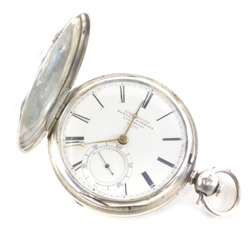 A Victorian silver hunter pocket watch, in part engine turned case, the 5cm diameter Roman numeric dial with subsidiary Arabic second hand, marked Time Keeper Royal H Robbins Liverpool and numbered 24402, the case Chester 1845.