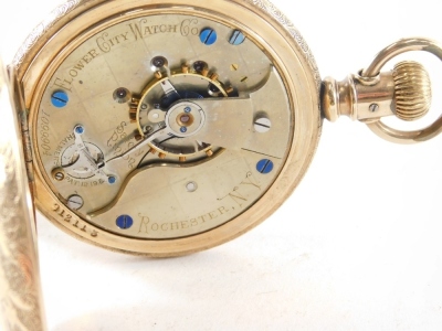 An early 20thC gold plated hunter pocket watch, the pierced case with 4cm diameter Roman numeric dial with subsidiary second hand marked Flower City Watch Co, numbered 912118. - 2
