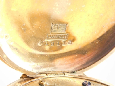 An early 20thC gold plated hunter pocket watch, the pierced case with 4cm diameter Roman numeric dial with subsidiary second hand marked Flower City Watch Co, numbered 912118. - 3