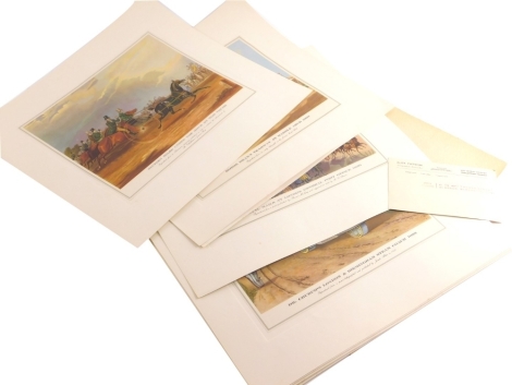 A collection of reproduction lithographs, each produced from the London Guildhall and relating to Royal Mail and other transportation to include trams, coaches, steam coach, etc., framed, 21cm x 27cm.