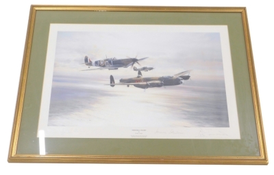 Robert Taylor (b.1951). Memorial Flight, coloured print, signed by Leonard Cheshire, Johnny Johnson and Peter Townsend, 44cm x 60cm.