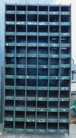 A set of industrial engineers shelving, painted in green, 180cm x 91cm.