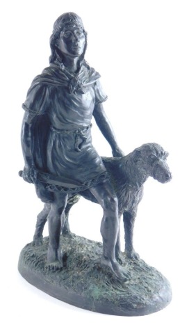 A bronzed resin figure of a warrior with Irish Wolfhound, indistinctly signed, 38cm high.