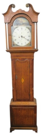 Tickle, Newcastle. A mid 19thC longcase clock, the arch dial painted with figures emblematic of the continents, below a female figure with globe and letter indistinctly inscribed, thirty hour, four pillar movement in mahogany oak and inlaid case on ogee b