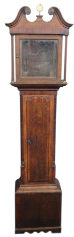 A 19thC oak and mahogany crossbanded longcase clock case, with swan neck pediment, reeded pillars, on bracket feet, 221cm high.