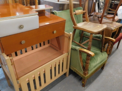 A collection of furniture to include a small child's play cot, telephone table, 19thC bar back chair, wing chair, oak drop leaf table, walnut occasional table, etc. The upholstery in this lot does not comply with the 1988 (Fire & Fire Furnishing) Regulat