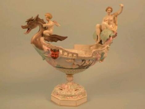 A late 19th/early 20thC Continental porcelain nef shaped centre piece