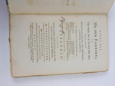 Clater (Francis) EVERY MAN HIS OWN FARRIER; OR THE WHOLE ART OF FARRIERY LAID OPEN... second edition half title, contemporary ownership inscription on title, publisher's original boards, uncut, contained in slip case, 8vo, Newark, J. Tomlinson, 1786 - 3