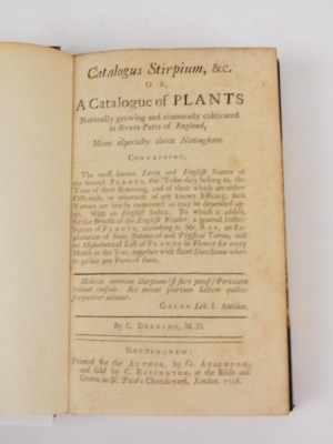 Deering (Charles) CATALOGUS STIRPIUM..., FIRST EDITION, modern half calf over patterned boards, 8vo, [Henrey 620, Dobbin], Nottingham, G. Ayscough, 1738 - 2