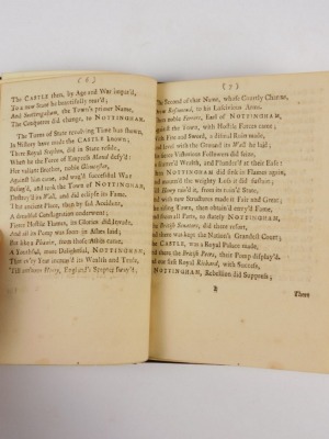 .- AN HISTORICAL AND POETICAL DESCRIPTION OF THE ANCIENT TOWN, AND CASTLE OF NOTTINGHAM HUMBLY PRESENTED TO PETER WORSLEY, GENT. woodcut title and devices, later boards, small 4to, J. Collyer, 1724 - 3