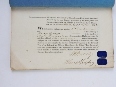 Roads.- Newark.- AN ABSTRACT OF THE ACT OF PARLIAMENT AS RELATE TO...TURNPIKE ROADS containing sealed appointment to Surveyor of the town of Knapthorpe, publisher's wrappers, 8vo, S. & C. Ridge, 1829 - 2