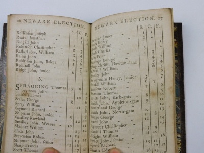 Elections.- Newark.- AN ALPHABETICAL LIST OF THE POLL FOR THE ELECTION OF TWO REPRESENTATIVES TO SERVE IN PARLIAMENT FOR THE BOROUGH OF NEWARK UPON TRENT...1780, engraved frontispiece, plate and armorial vignette, bookplate of Thomas M. Blagg, publisher's - 4