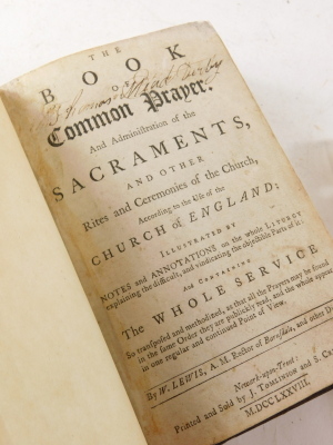 Book of Common Prayer.- Provincial Printing.- Lewis (W. Rev.) THE BOOK OF COMMON PRAYER... contemporary ink ownership signature of Thomas Mead Derby, wood-engraved vignettes throughout, contemporary calf, rebacked, 8vo, preserved in later box, 1778 *** T - 2