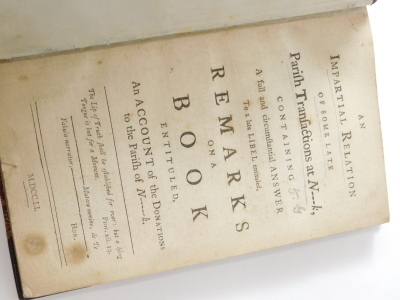 Newark.- Anon ["A Parishoner"] AN ACCOUNT OF THE DONATIONS TO THE PARISH OF NEWARK UPON TRENT..., publisher's limp wrappers, 4to, 1748 § Newark.- Anon ["A M----r of P-----t"] REMARKS ON A BOOK INTITULED, AN ACCOUNT OF THE DONATIONS TO THE PARISH OF N----K - 2