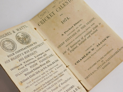 Alcock (Charles W.) THE CRICKET CALANDER 1874 publisher's cloth boards, 12mo, for Surrey County Cricket Club, 1874 - 2